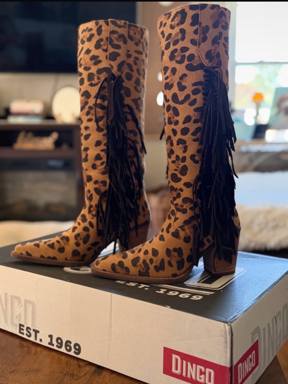 Dingo Leopard Print Fringe Knee-High Boots - Tan & Black